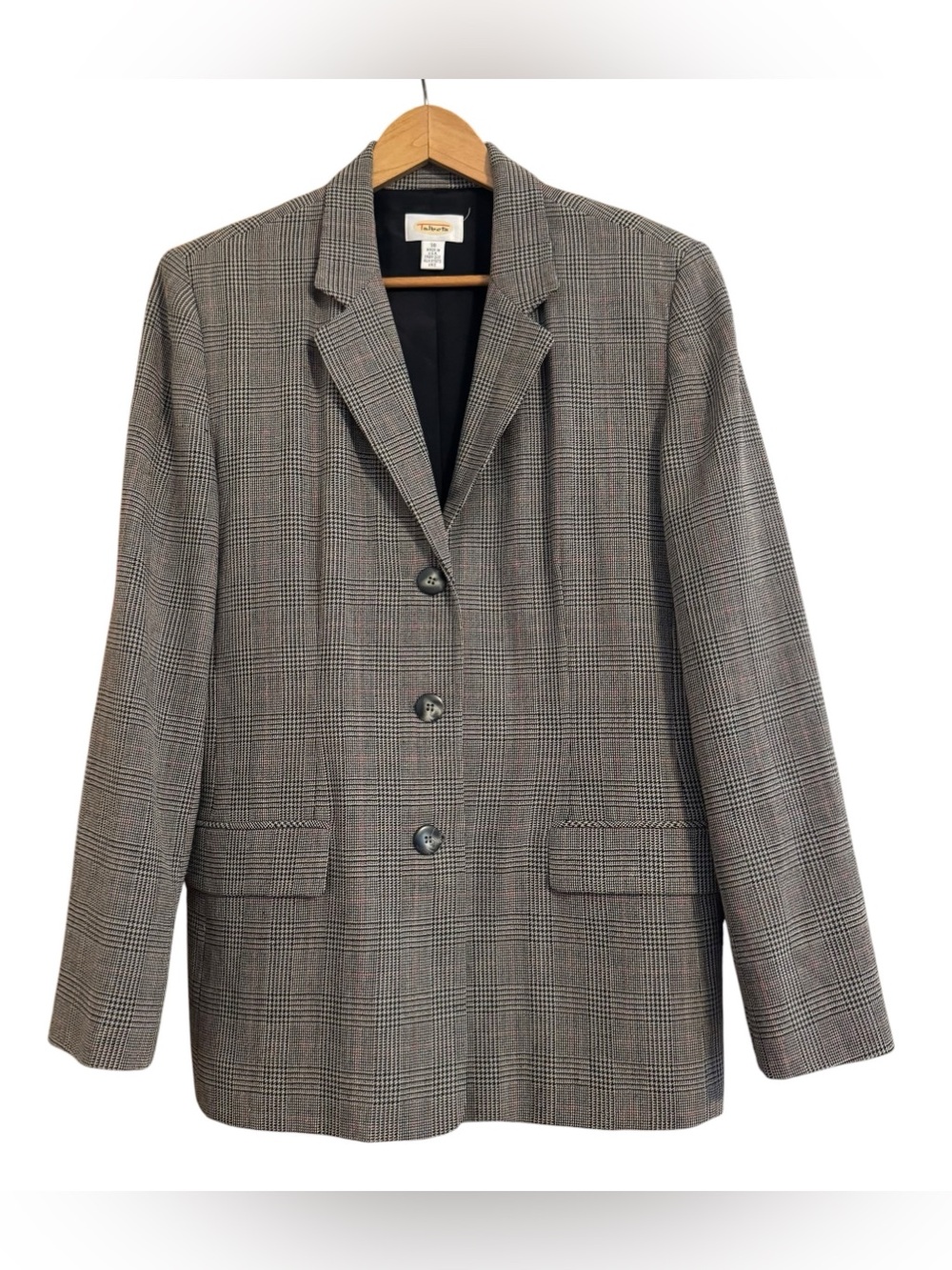 Talbots Glen Plaid Houndstooth Blazer Jacket Wool Blend Black Red Sz 10 USA
